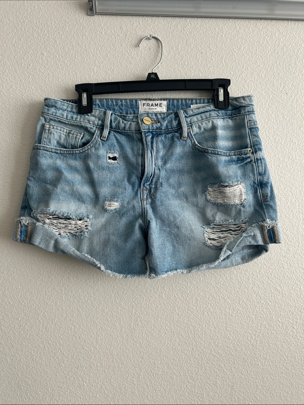 Frame Denim Light Blue Distressed Rolled-Hem Jean Shorts